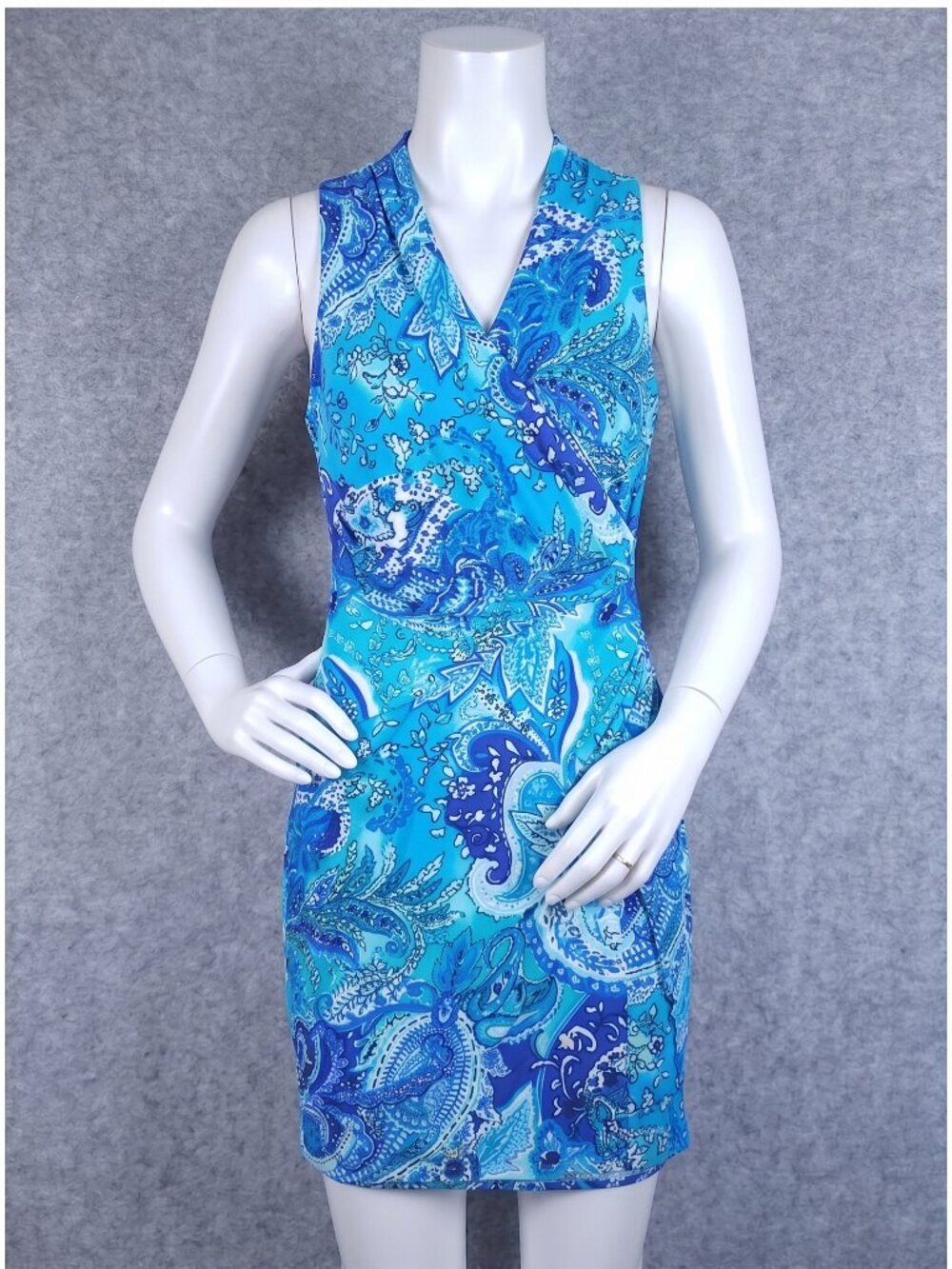 Lauren Ralph Lauren Paisley Faux Wrap Dress Womens 6 Blue Turquoise Sleeveless